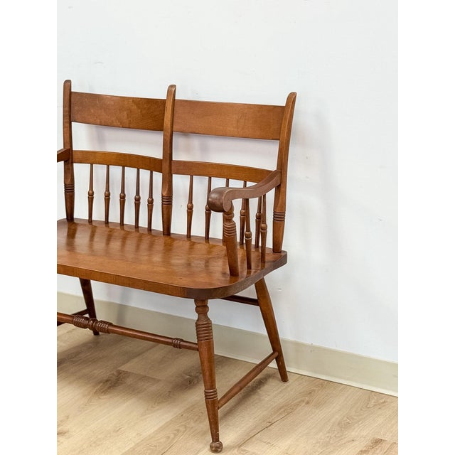 Vintage Maple Spindle Two-Seat Bench Double Crest Turned Legs Farmhouse For Sale - Image 12 of 18