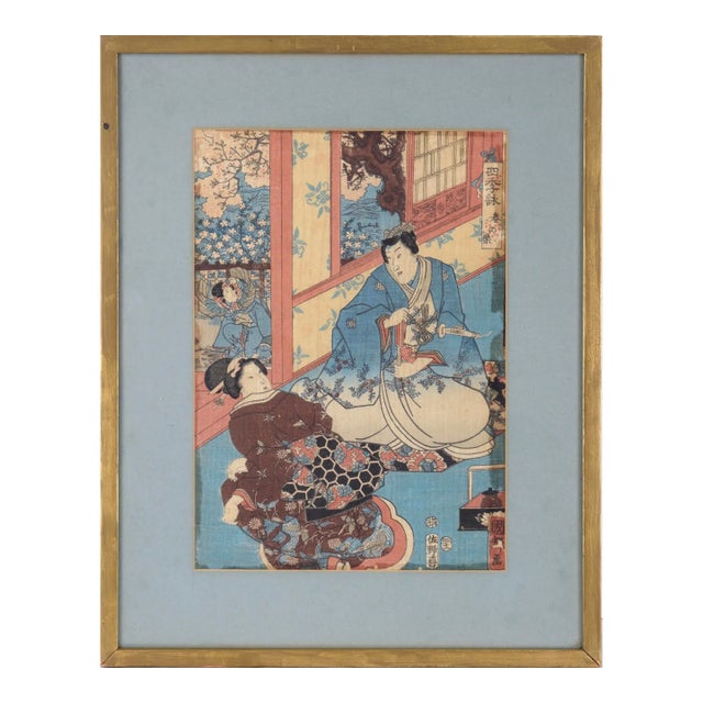 The Four Seasons: Spring Japanese Woodblock Triptych Ink on Paper Tales of Genji by Utagawa Kuniteru I For Sale
