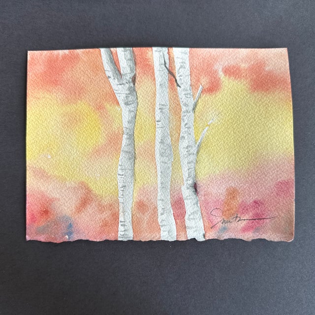 Three birches stand guard at sunset. Signed and ready to frame.