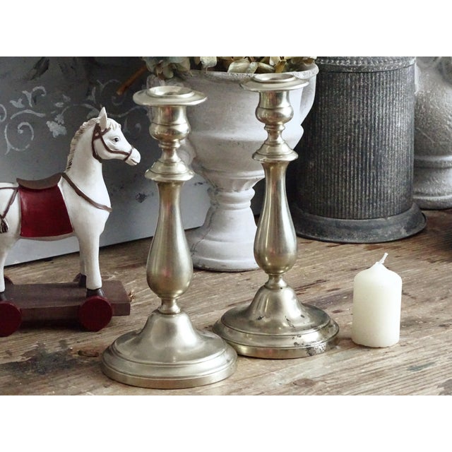 Victorian 1870s Pair Antique Bmf Candlesticks Nickel Silver For Sale - Image 3 of 12