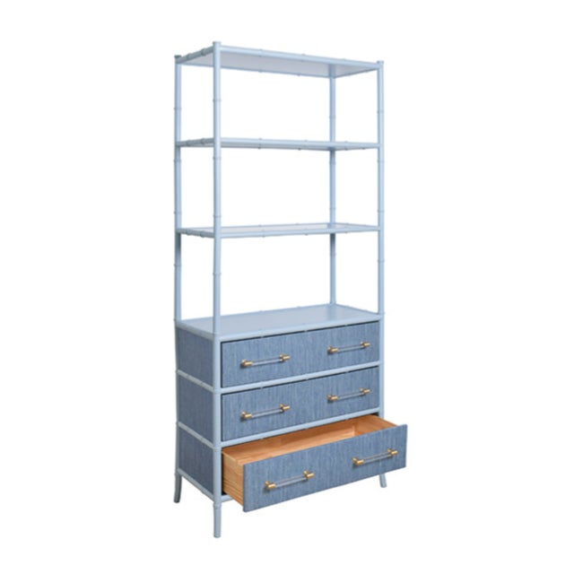 Not Yet Made - Made To Order Matthew Izzo Home Flynn Light Blue Grasscloth and Matte Lacquer Bamboo Profile Three Drawer Open Shelf Etagere With Acrylic and Brass Bar Handles For Sale - Image 5 of 10