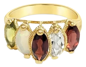 Garnet, Opal, Peridot, Cubic Zirconia Ring with Rope Design, Size 8.25