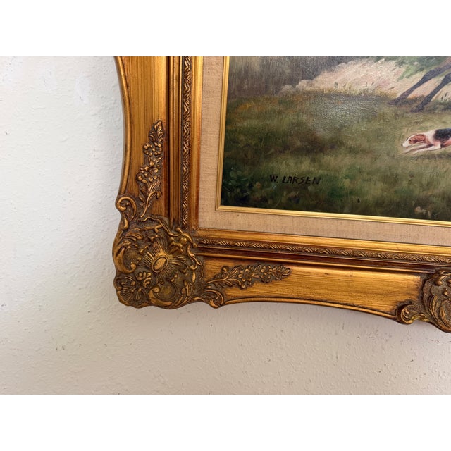 Late 20th Century W. Larsen Original Fox Hunting Oil Painting English Hunt Horses Hounds Framed For Sale - Image 11 of 15