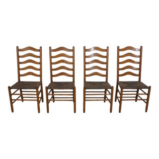 Set of 4 French Oak Rush Seat Ladder Back Chairs For Sale