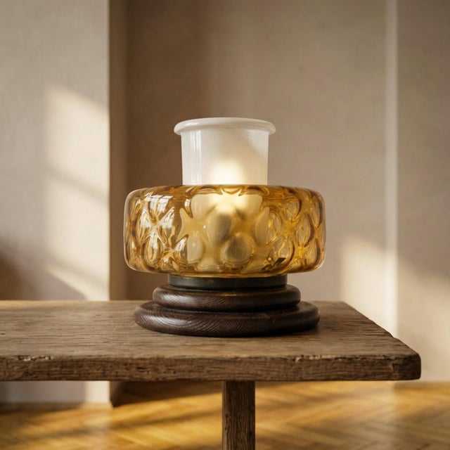 Mid-Century Table Lamp in Pressed Amber Glass and Wood, 1930 For Sale - Image 9 of 9