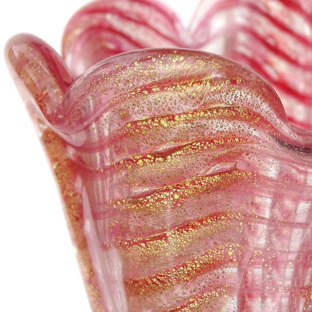 Barovier & Toso Barovier Toso Murano Vintage Pink Gold Flecks Italian Art Glass Midcentury Double Flower Vase For Sale - Image 4 of 7