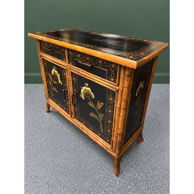 Traditional Vintage Aesthetic Movement Style Bamboo and Black Lacquer Chinoiserie Cabinet For Sale - Image 3 of 11