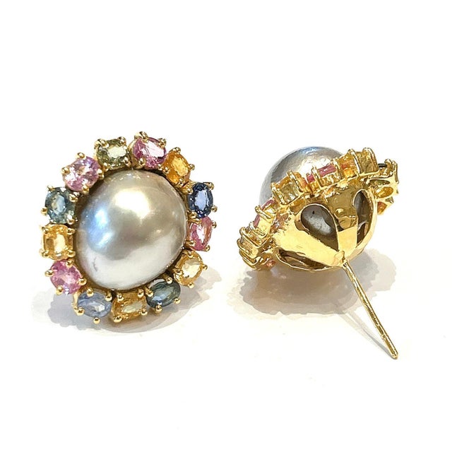 Bochic "Orient" Vintage Pearl & Multi Fancy Sapphire Earrings Set 18K Gold&Silver For Sale - Image 18 of 18