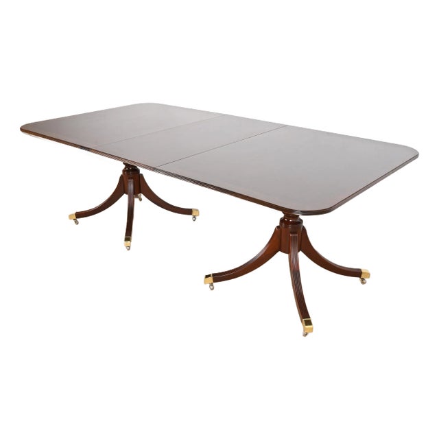 Baker Furniture Georgian Banded Mahogany Double Pedestal Extension Dining Table, Newly Refinished For Sale