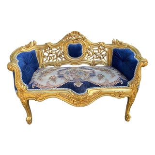 Late 20thC French Louis XVI Blue Velvet Antique Gold Beech Settee For Sale