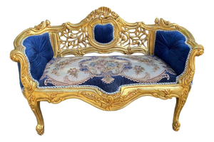 Late 20thC French Louis XVI Blue Velvet Antique Gold Beech Settee