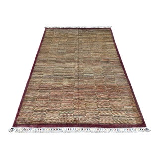 Multicolor Checkered Stripe Hand-Knotted Wool Rug - 5'10" X 8'2" For Sale