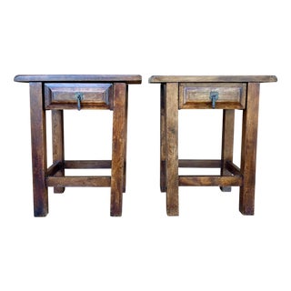 Spanish Chestnut Nightstands with Drawers, 1910, Set of 2 For Sale