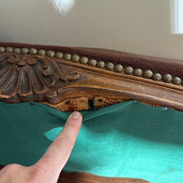 Brown Antique French Louis XV Style Carved Walnut Needlepoint Bench Stool Vanity Ottoman For Sale - Image 8 of 9