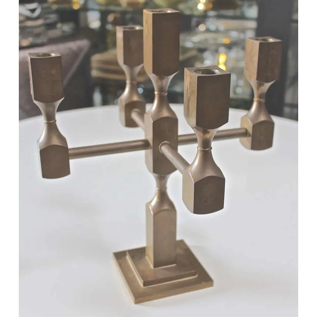 Modernist solid brass candelabra - clean line and contemporary. Very heavy and substantial piece.