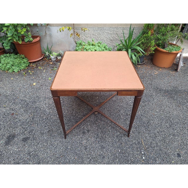 Art Deco Game Table with Worked Wood and Brown Cloth Top, 1940s, in Very Good conditions. Designed 1920 to 1949