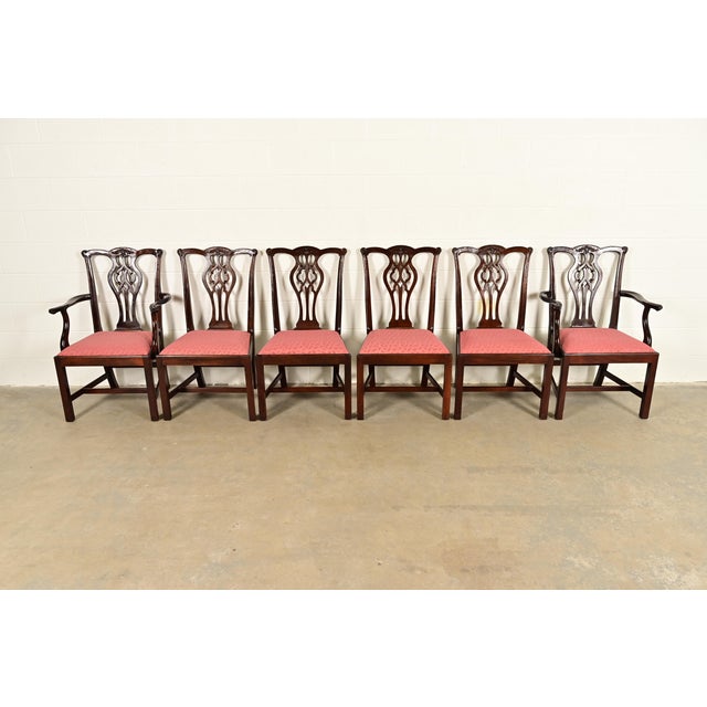A gorgeous set of six Georgian or Chippendale style dining chairs By Stickley USA, Late 20th Century Carved mahogany...