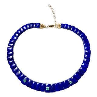 Mini Cleopatra Lapis Collar Necklace With Emeralds & 14k Gold For Sale
