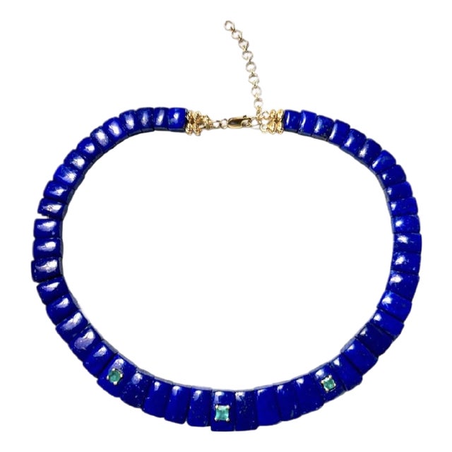 Mini Cleopatra Lapis Collar Necklace With Emeralds & 14k Gold For Sale