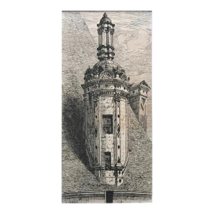 Antique French Etchings of Chateau Chambord Towers by Eugene Sadoux - A Pair