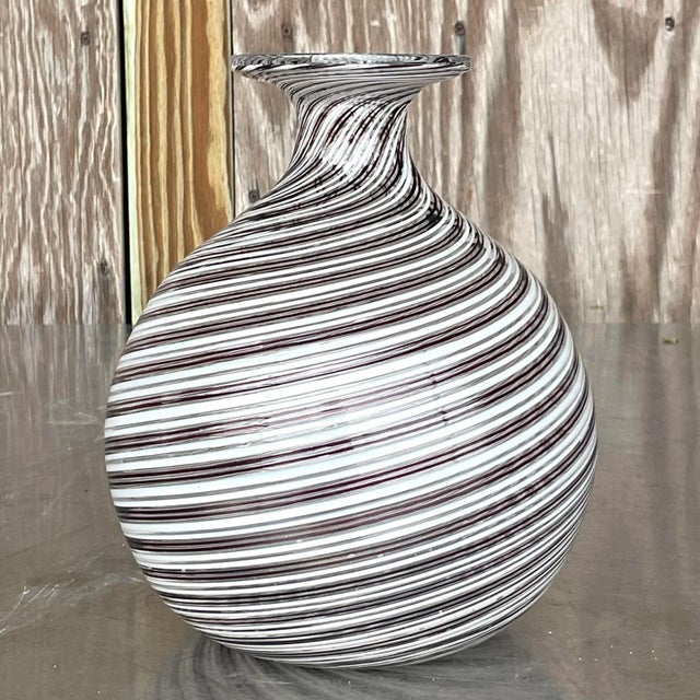 Glass Vintage Signed Op Art Black & White Swirl Art Glass Vase For Sale - Image 7 of 13