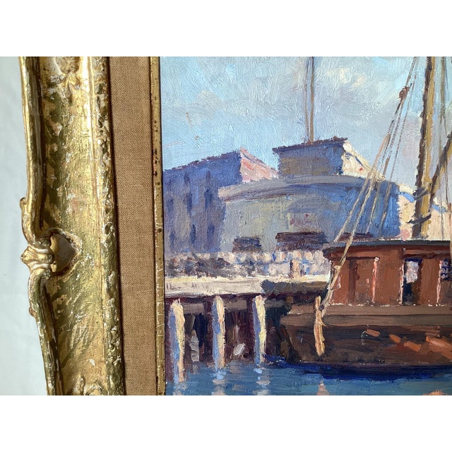 Impressionist Oil Painting on Board of City Harbor Scene in Original Frame For Sale In Philadelphia - Image 6 of 9
