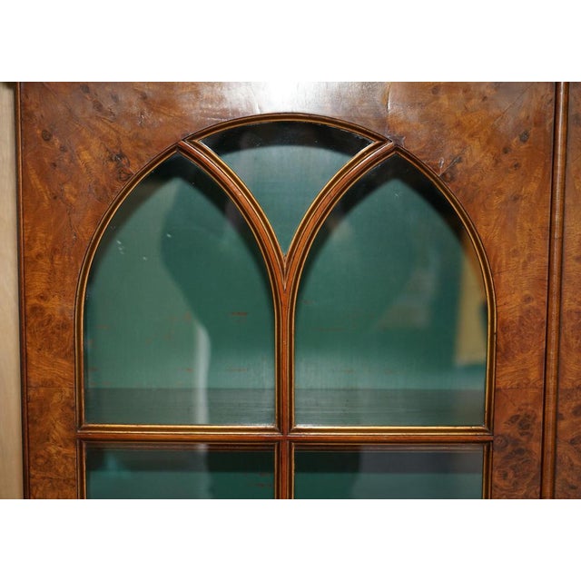 Wood Victorian Burr Walnut Library Bookcase with Gothic Glazed Doors, 1880s For Sale - Image 7 of 18