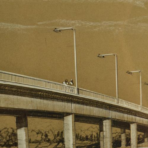 Gibb, Architectural Drawing of Smithtown Bridge, Australia, 1950s, Charcoal & Crayon For Sale - Image 6 of 9