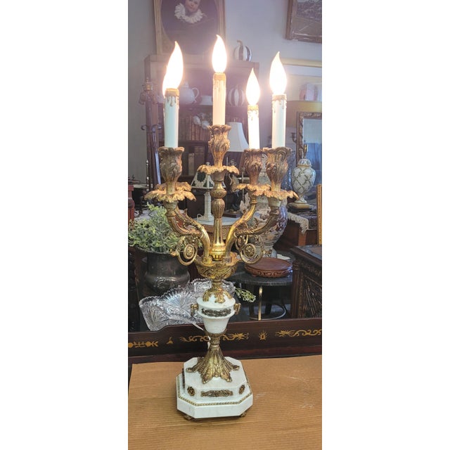 1950s Pair French Stone and Gilt Brass Candelabra Lamps For Sale - Image 14 of 16
