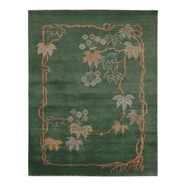 Rug & Kilim Chinese Style Art Deco Rug in Green with Brown & Blue Floral Patterns - 12'x15' For Sale