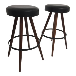 Teak & Vinyl Bar Stools - A Pair For Sale