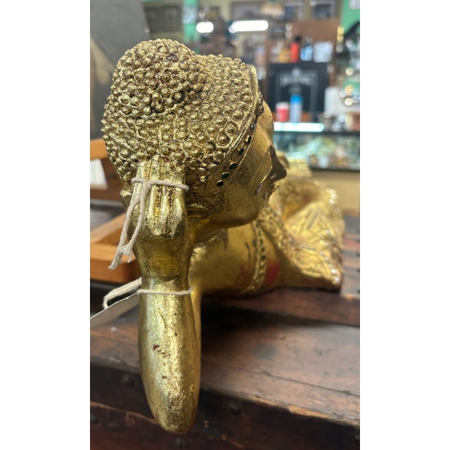 Asian Hand Carved Reclining Buddha Giltwood For Sale - Image 3 of 9