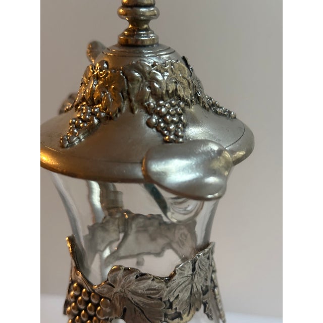 Vintage Glass and Pewter Decanter With Lid and Handle Detailed With Grape Vines Motif Made in Italy For Sale - Image 9 of 14