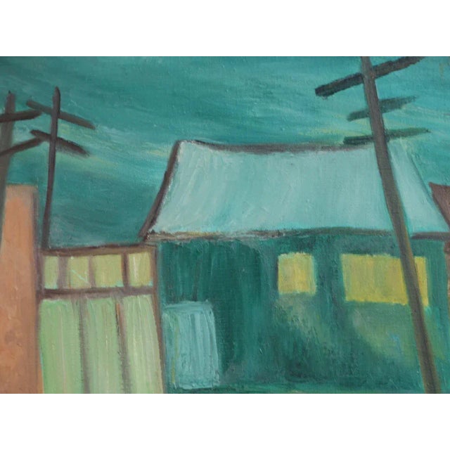 Figurative Circa 1950 Helen Shafter Feyler-Switz Modernist Village Oil Painting on Canvas "Structures" For Sale - Image 3 of 7