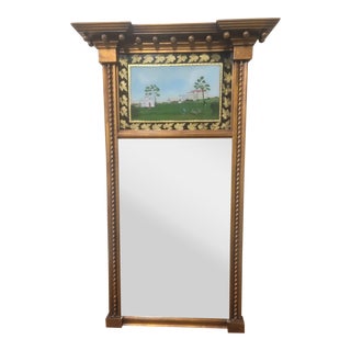Early 20th C. Georgian Style Reverse Painted Glass Historical House Trumeau Mirror For Sale