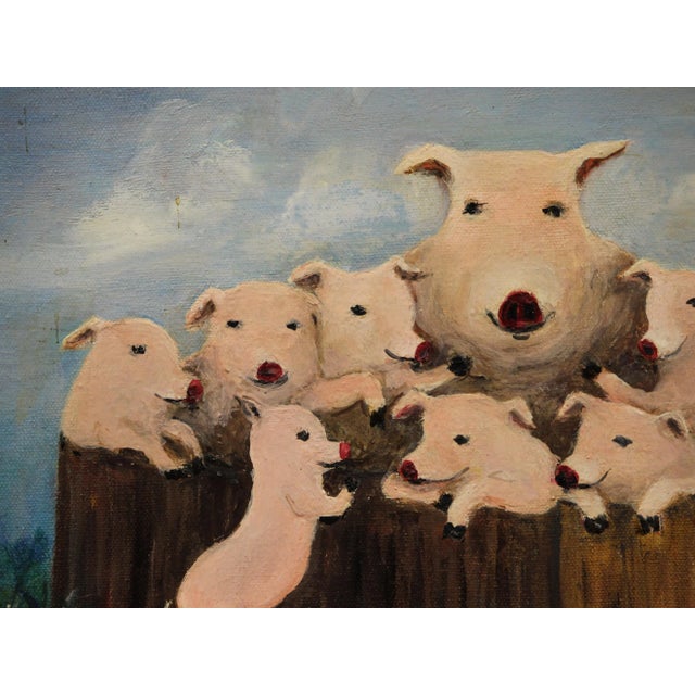 Delightful c1980s oil on canvas depicting a happy 'piglet' family of (8) by (Bobby) Livingston (Broadway producer)! Image...