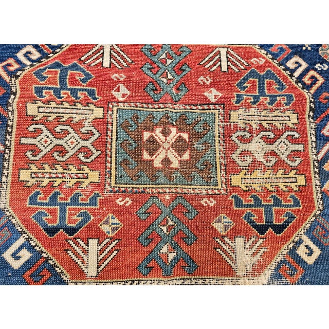 Antique Caucasian Kazak Rug, Medallion Pattern, Hand-Knotted Wool, Blue & Red, 4' x 8' For Sale - Image 13 of 16