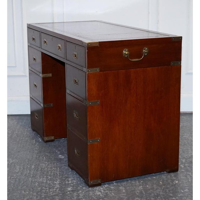 Military Campaign Twin Pedestal Desk with Leather Top For Sale - Image 13 of 16
