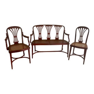 Late 19th Century Antique Jacob & Josef Kohn Wien Hand Painted Cane Seated Sette & Chairs 59-362c For Sale