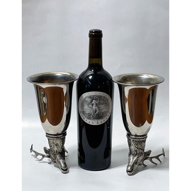 1970s Authentic Gucci Stag Silver-Plated Large Stirrup Cup Goblets - Set of 2 Twentieth century set of (2) large Italian...