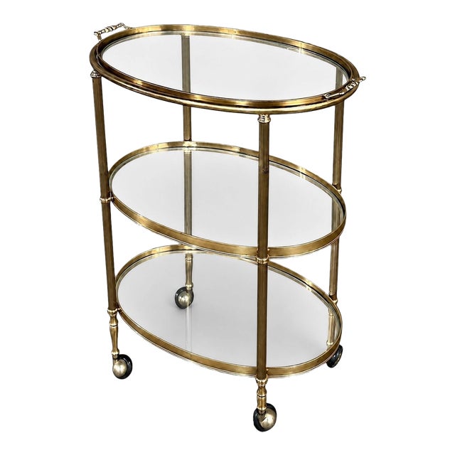 Mid-Century Brass & Glass Oval Bar Cart For Sale