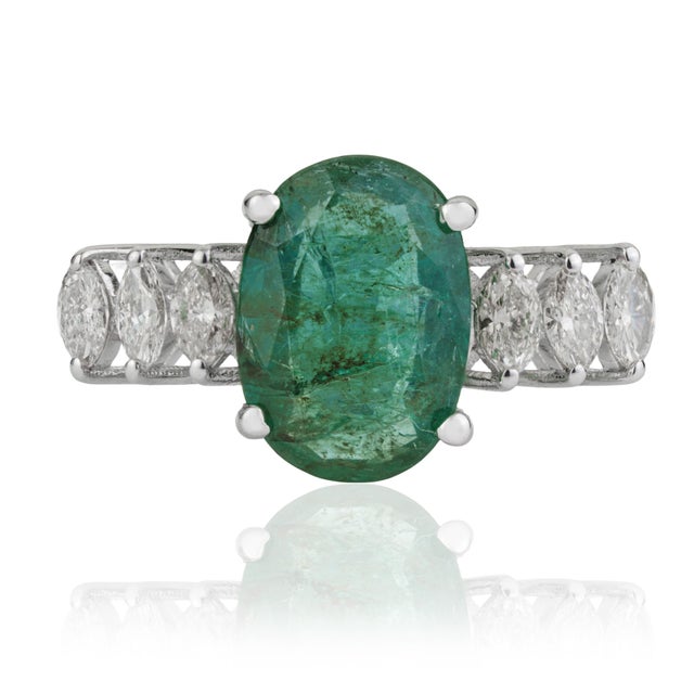 Mid-Century Modern Modern Mid Century Style 2.54 Ct Oval Emerald & Marquise Diamond Ring in 925 Silver Size 8 For Sale - Image 3 of 14