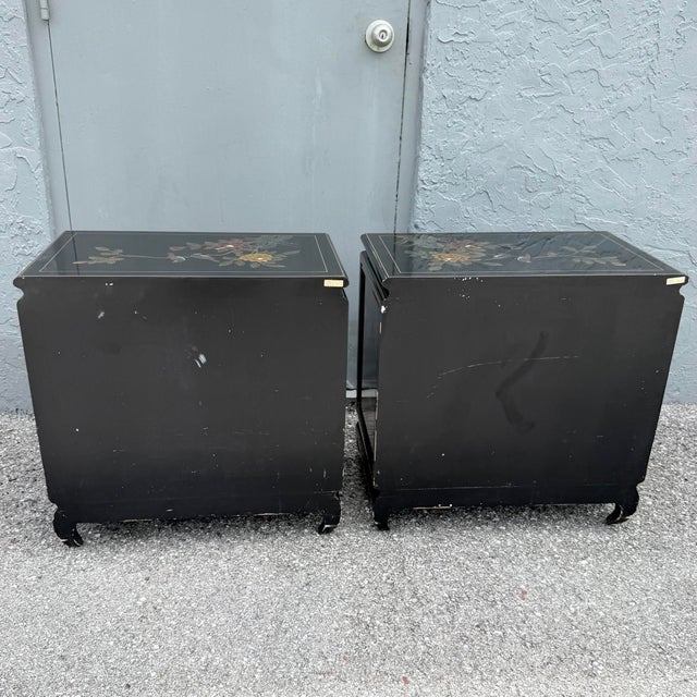 Vintage Cantonese Black Lacquered Hand Painted Nightstands - A Pair For Sale In West Palm - Image 6 of 11