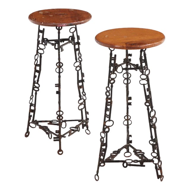 Pair of Artist-Made Iron and Oak Stools, C 1960 For Sale