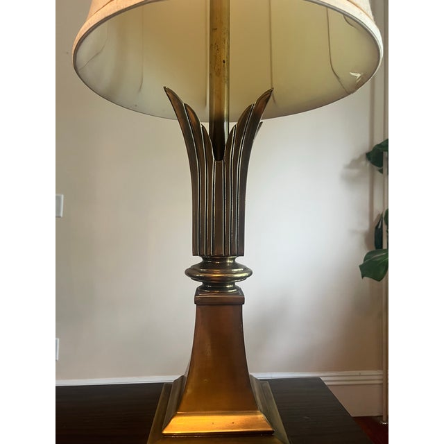 Hollywood Regency 1970s Rembrandt Lamp Company Hollywood Regency Brass Palm Leaf Torchiere Table Lamps With Original Shades - a Pair For Sale - Image 3 of 12