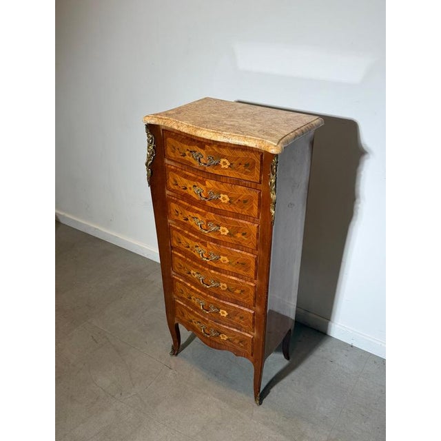 Tall French Louis XV Marquetry Chest of Drawers with Marble Top For Sale - Image 3 of 7