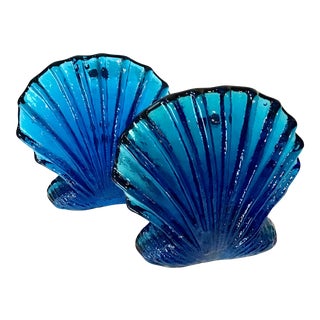 Mid Century Modern Blenko Blue Shell Glass Bookends - a Pair For Sale