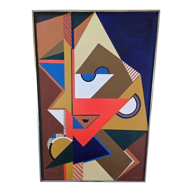 Vintage Mid Century Modern Picasso Style Cubist Painting, Framed For Sale