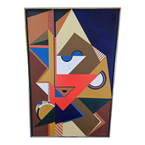 Vintage Mid Century Modern Picasso Style Cubist Painting, Framed