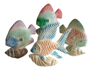 Vintage Mid Century Modern Cast Plaster Ceramic Hand Painted Fish Sculptures - Set of 4
